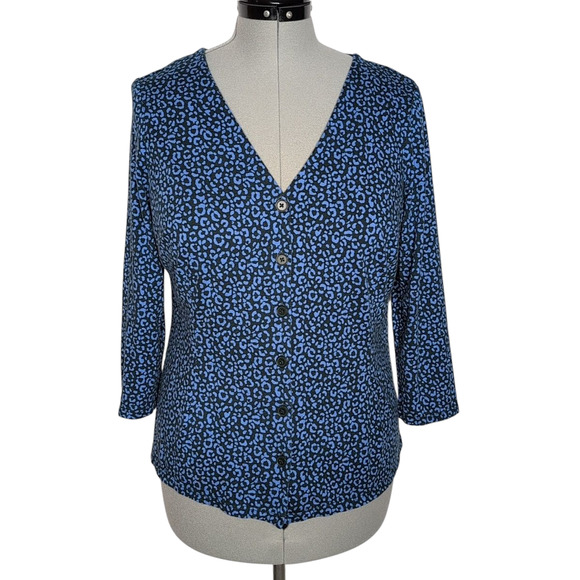 Boden Fleur Jersey Knit Blue Button Front Top with 3/4 Sleeves, women's size 14 - Picture 1 of 8